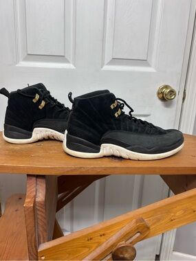 Jordan Black & White High-Top Suede Basketball Sneakers 12s taxis